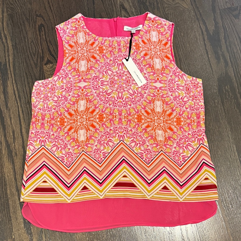 Pink and Orange Patterned Sleeveless Blouse
